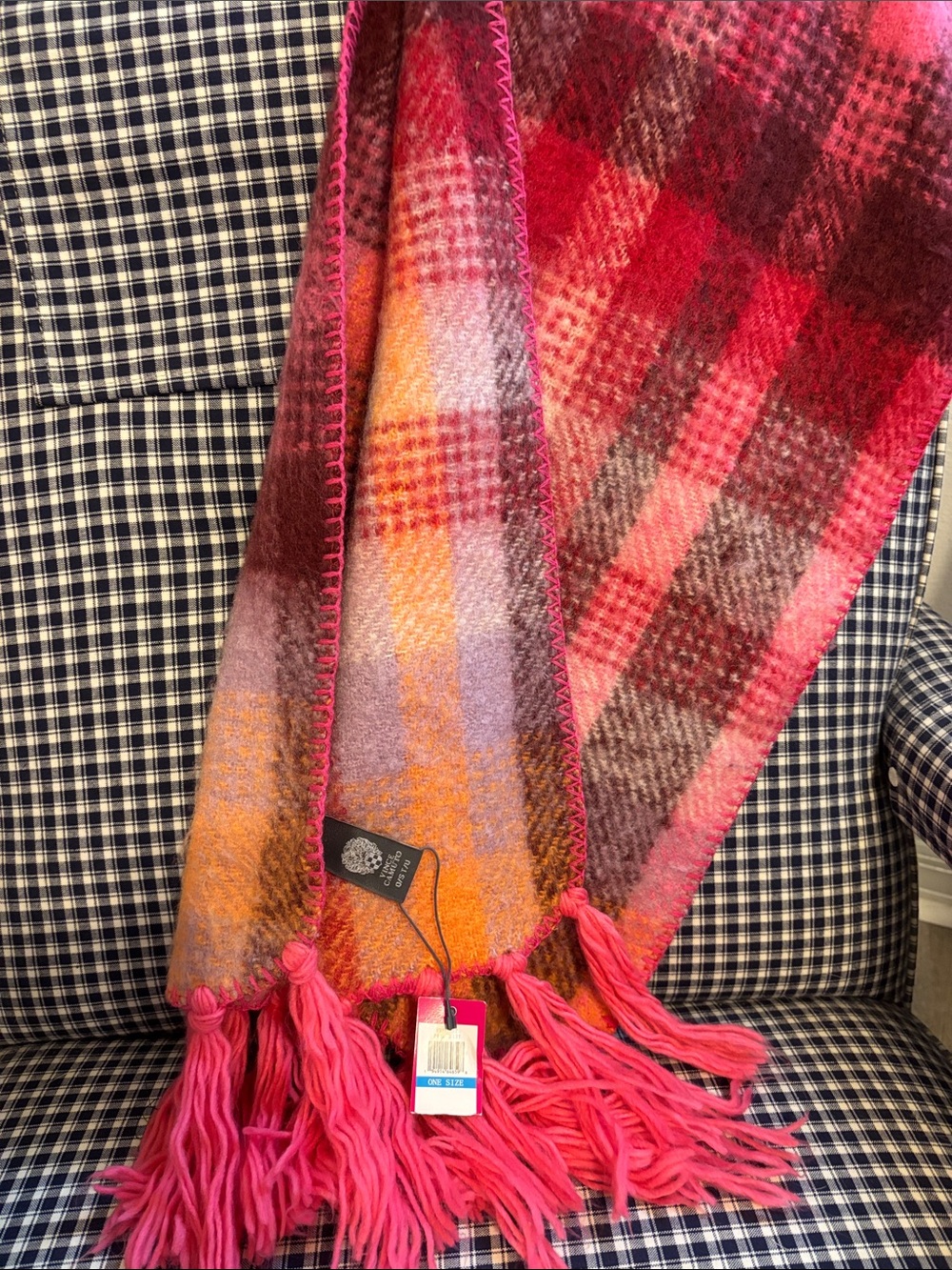 Vince Camuto Hot Pink Plaid Fringe Scarf